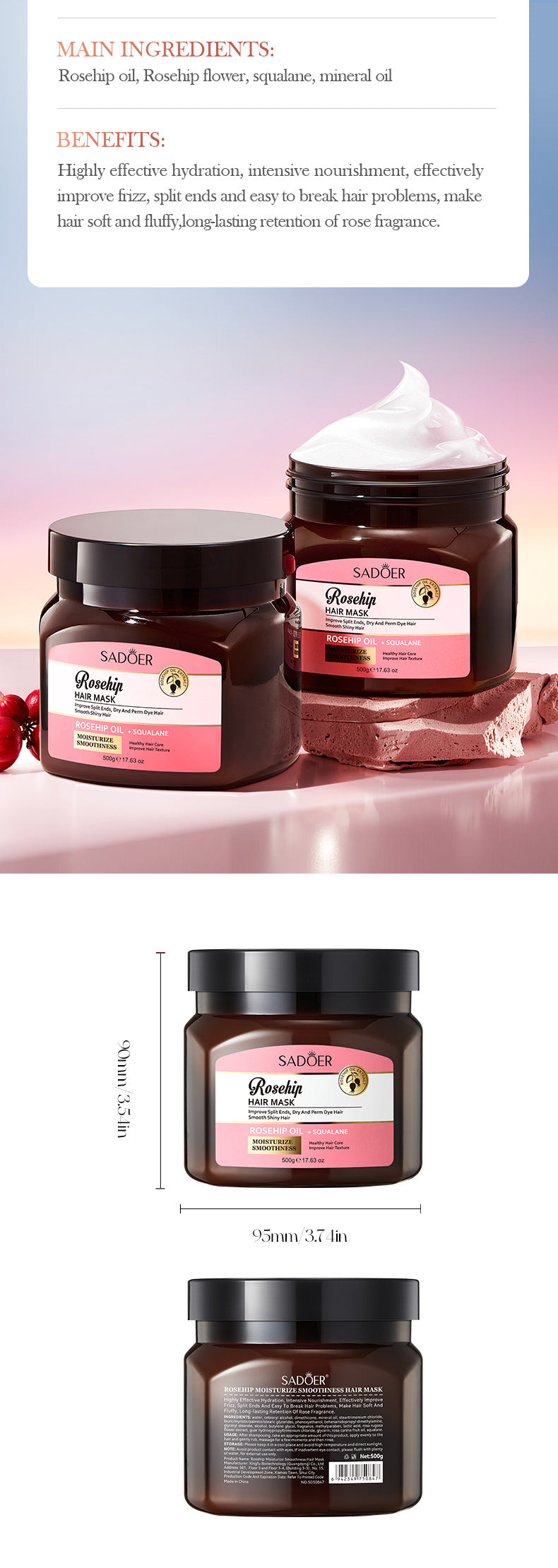 Cross-border Rosehip Oil Hair Mask500g Moisturizing and Smooth Hair Conditioner Export Manufacturer Wholesale
