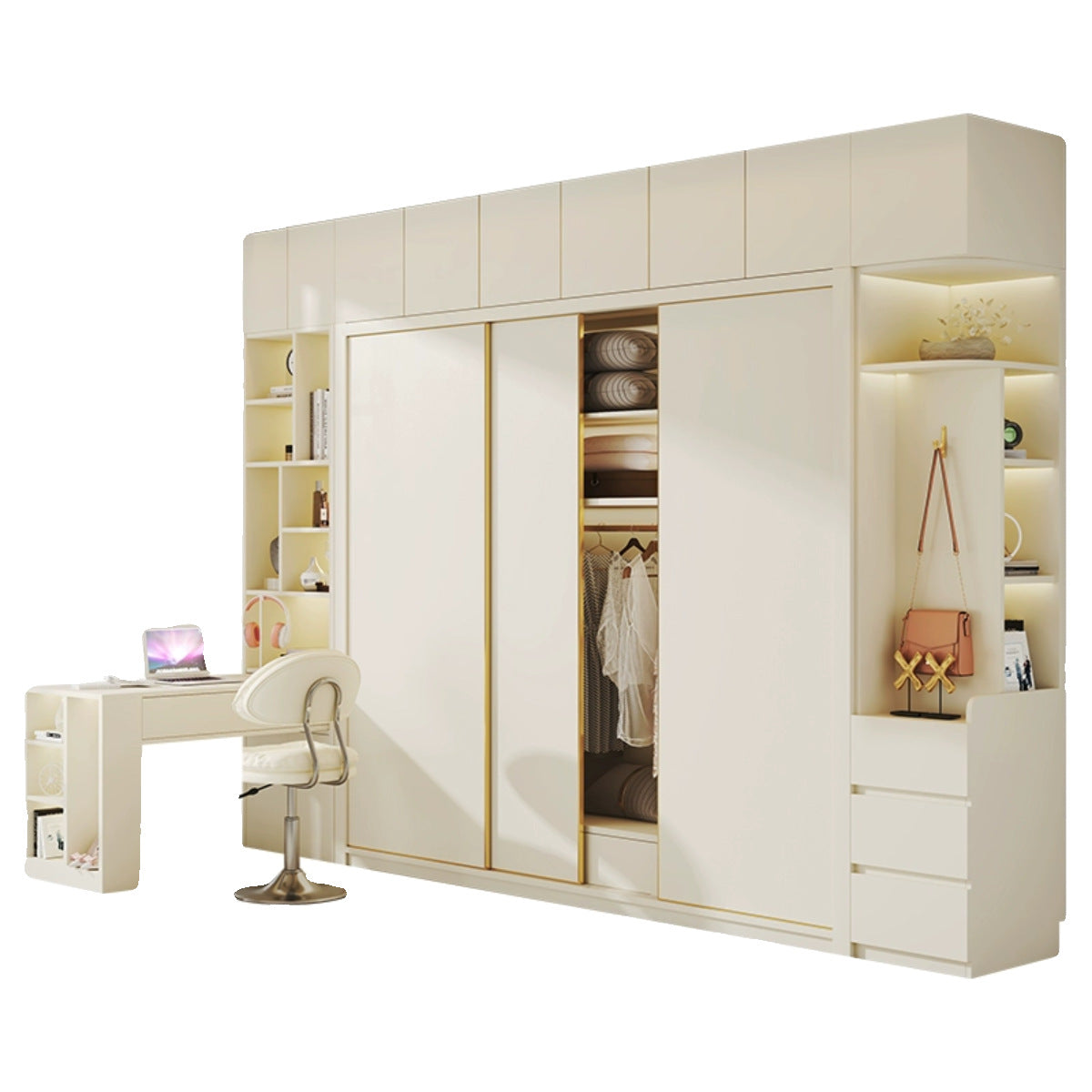 Modern Minimalist Sliding Door Wardrobe Corner Desk Integrated Combination Elevated Cabinet Top Master Bedroom Home Bedroom Wardrobe
