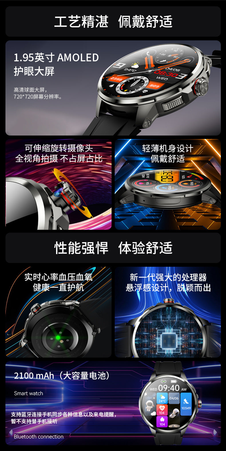 H99Round Screen Card Slot Phone Watch 1.951-inch rotating camera for taking photos with heart rate and blood pressure dual system NFC