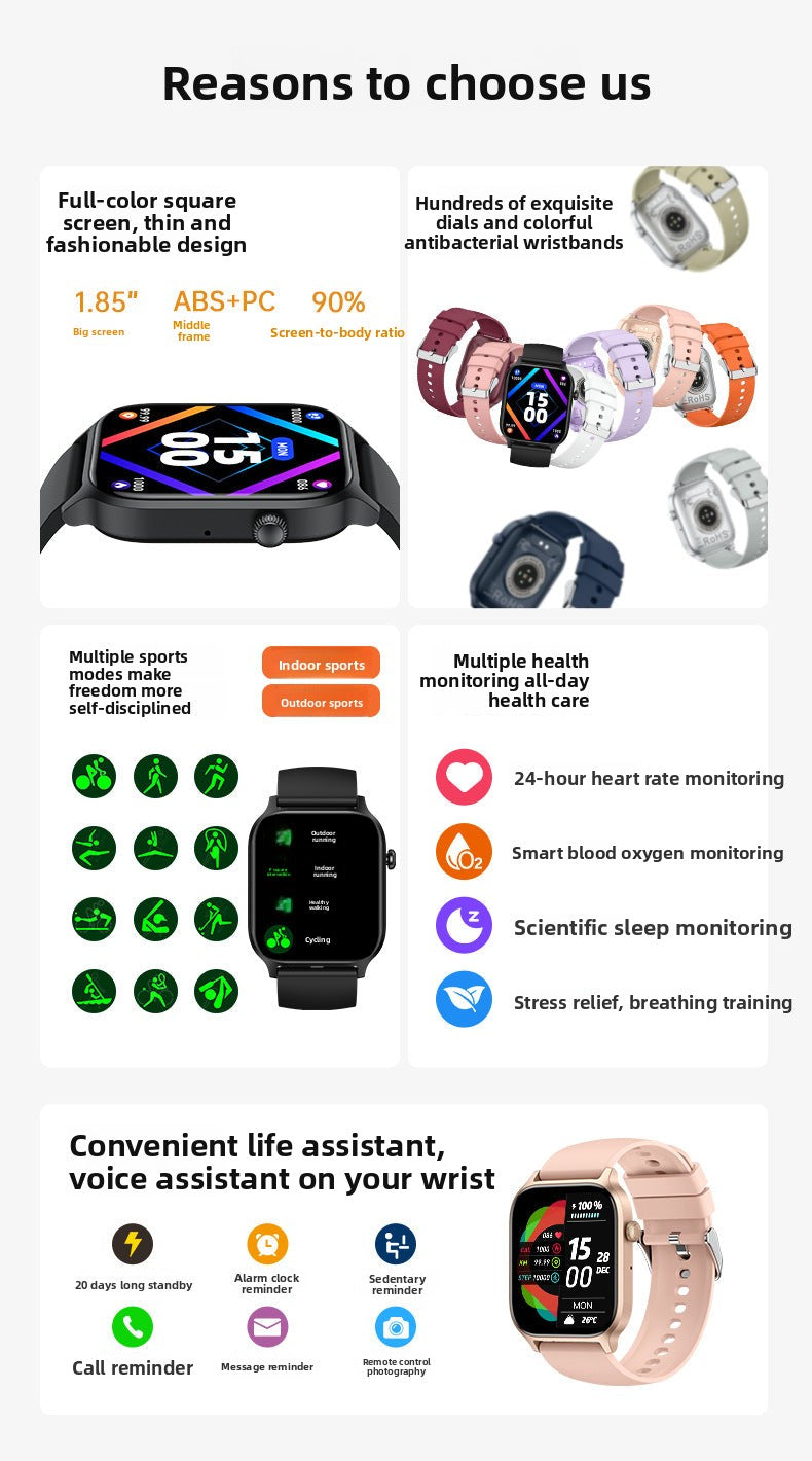 Y7Smart Watch1.85inch Bluetooth call, heart rate, step counting, sleep monitoring IP68Deep Waterproof Three-Proof