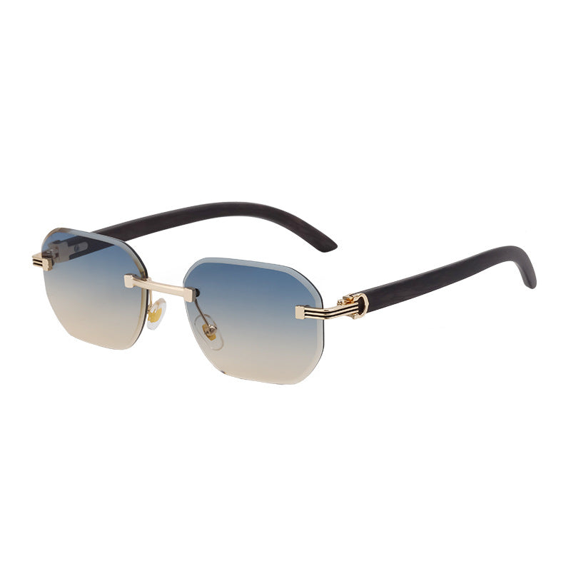 Frameless Glasses for Men High-End European and American Retro Imitation Wood Grain Temple Sunglasses UV Protection Personality Sunglasses