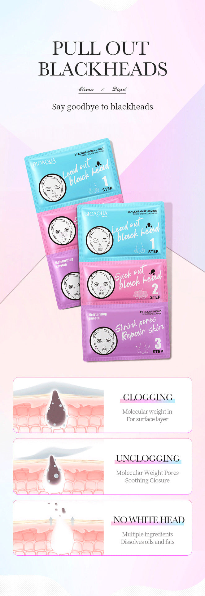 Three-Step Blackhead Removal Nose Strips BIOAOUA Clean Pores T District Nursing Set Cross-Border Wholesale