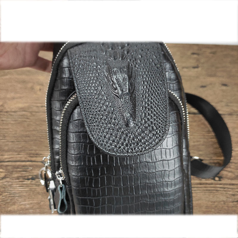 Specialized Password Lock Men's Genuine Leather Chest Bag Crocodile Pattern Top Layer Cowhide Travel Small Shoulder Crossbody Bag Trendy