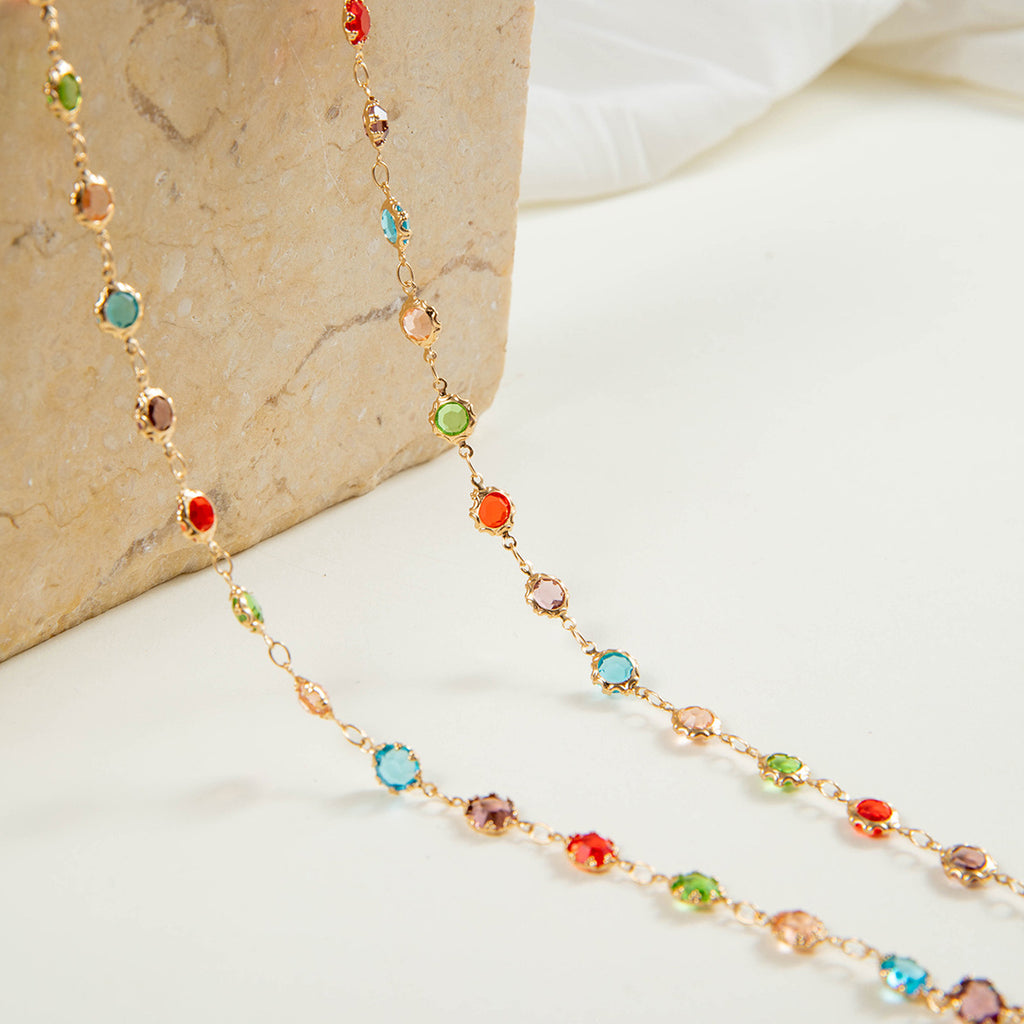 Simple Colorful Beaded Tassel y Chain Necklace Elegant Versatile Diamond-Studded Sweater Chain Jewelry