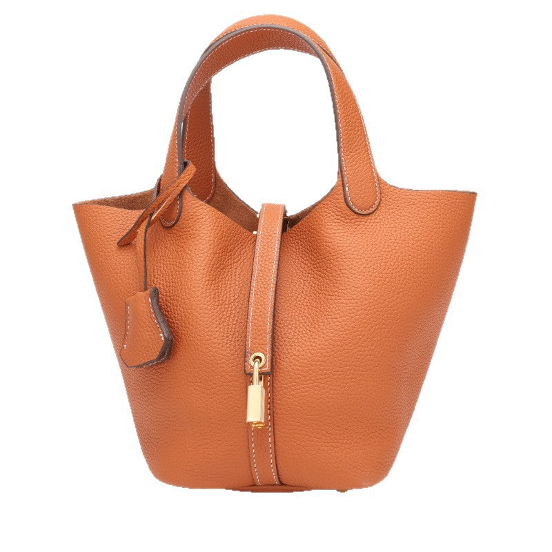 Top Layer Cowhide Vegetable Basket Bag for Women, Light Luxury Versatile Handbag, Niche Design, High-Quality Texture, Large Capacity Bucket Bag