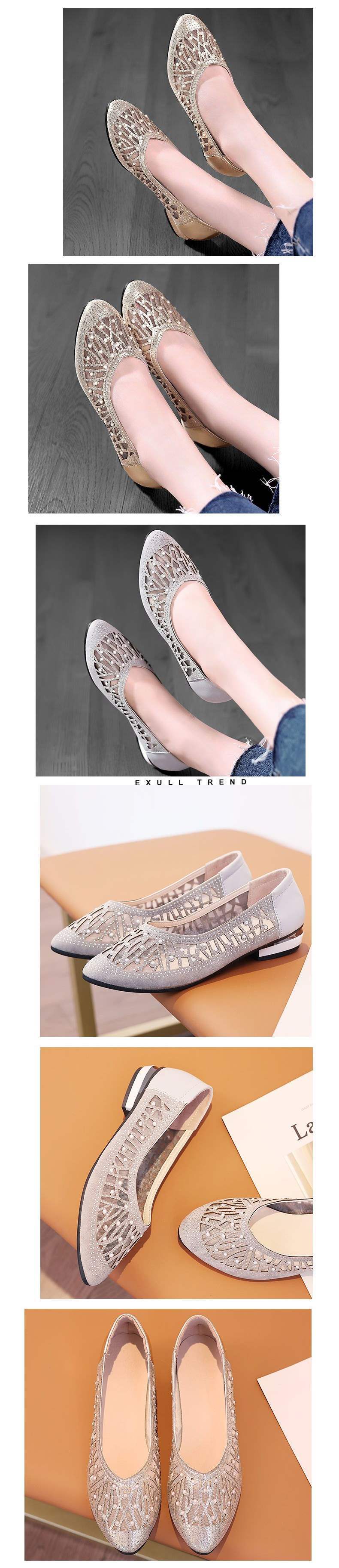 Women's Rhinestone Soft Leather Sandals2025Summer New Flat Hollow Mesh Shoes Shallow Mouth Mesh Single Shoes for Women