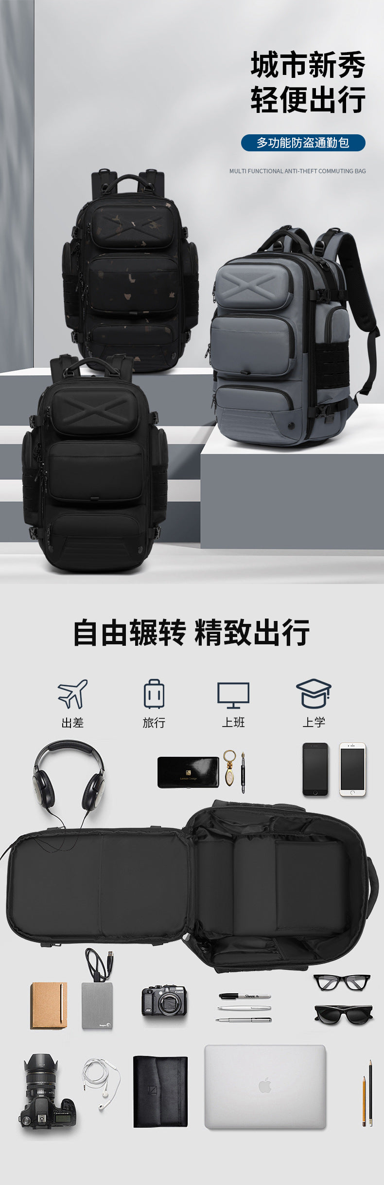 New Men's Backpack Large Capacity Short Distance Travel Backpack Outdoor Commuting Multifunctional Waterproof Tactical Computer Bag