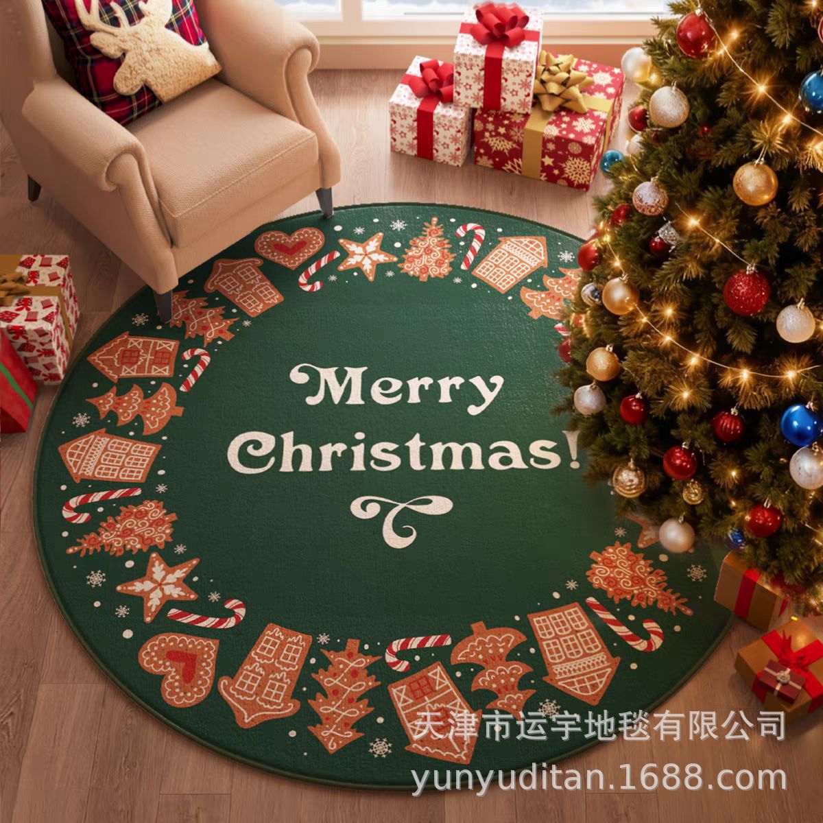 Christmas Carpet Round Living Room Crystal Velvet Floor Mat Christmas Decoration Atmosphere Mat Christmas Tree Floor Mat Customizable