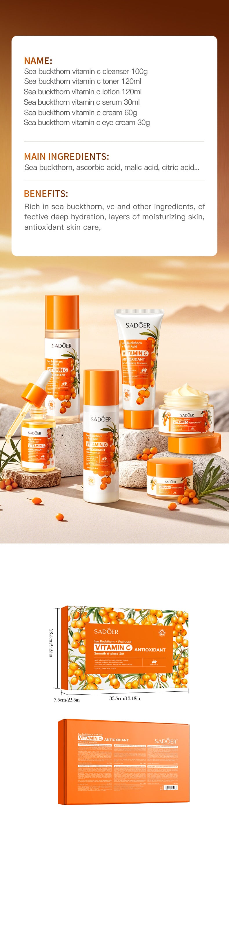 Cross-border Sea Buckthorn Vitamin C Antioxidant six-piece set Hydrating Moisturizing Set Box Wholesale from Foreign Trade Manufacturer