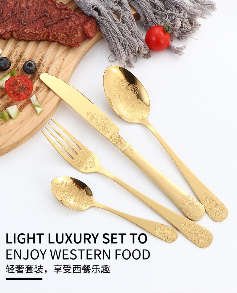 Stainless Steel Cutlery Set1010Double Flower Relief Knife, Fork, and Spoon24Set of Western Steak Knives and Forks