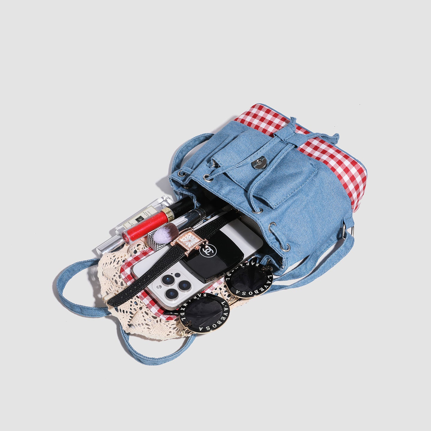 Lace trim denim backpack for women2025New Trendy Fashion Plaid Lace Backpack Handbag Shoulder Bag