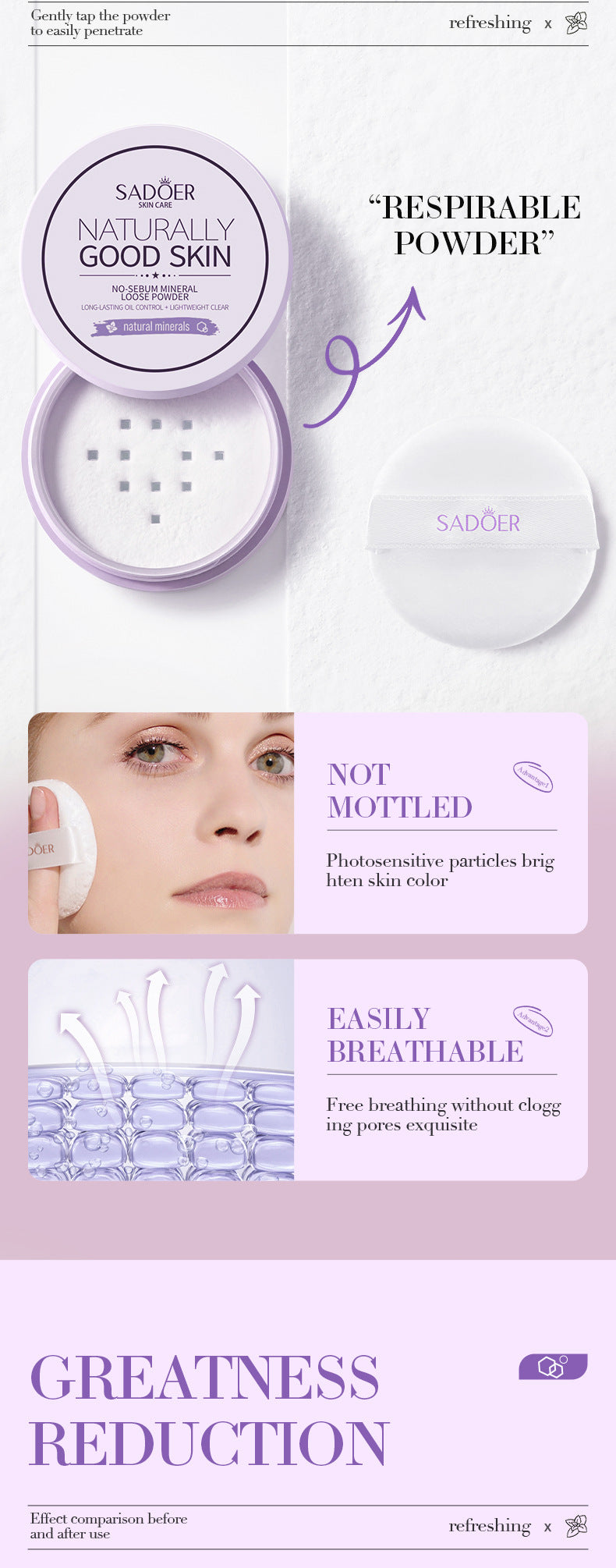 Full English Makeup SADOER Mineral Loose Powder Refreshing Lightweight Setting Concealer Powder  Wholesale