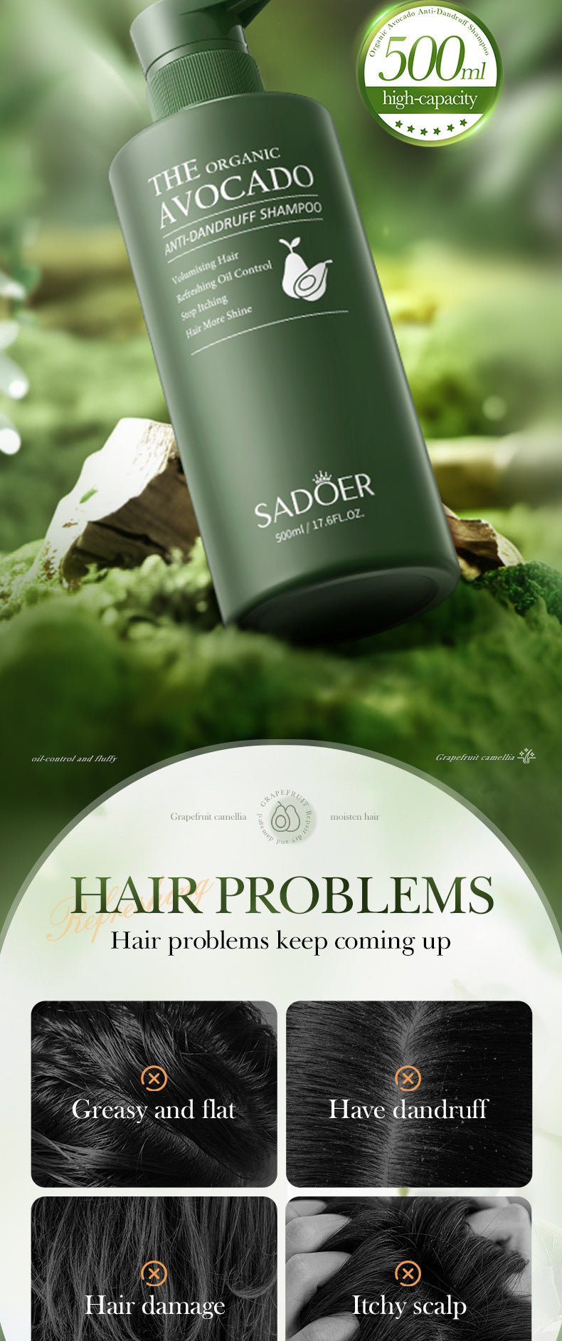 Full English Avocado Anti-Dandruff Oil Control Shampoo SADOER Fluffy Deep Cleansing Shampoo  Wholesale