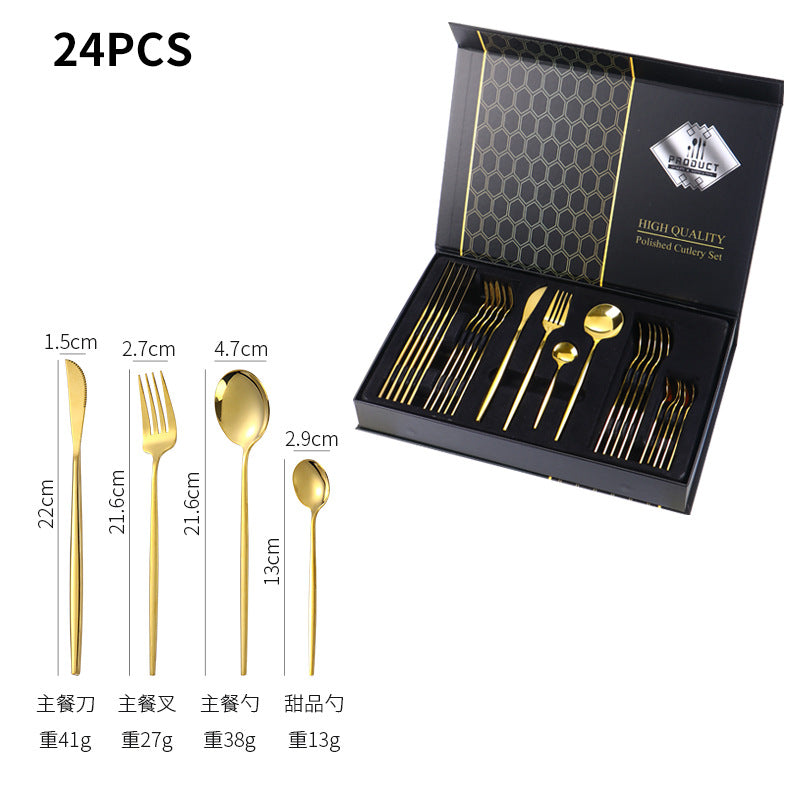 Hot-selling Portuguese Stainless Steel Tableware24Set of Western Dining gold Steak Knife Fork Spoon Gift Box Set
