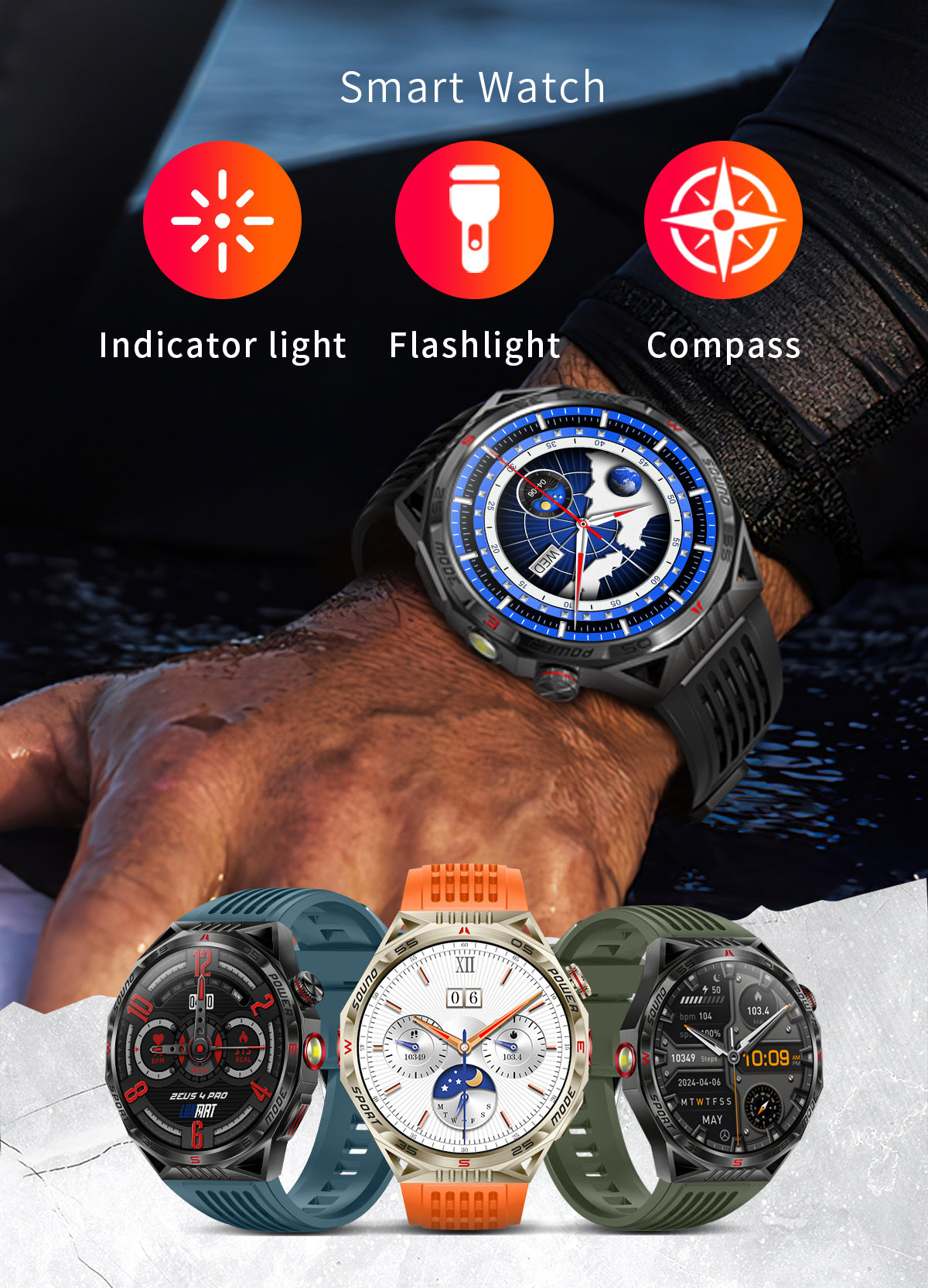 HT28Smart Watch Bluetooth Call True Heart Rate Step Sleep Breathing Training Deep Waterproof Flashlight Sports
