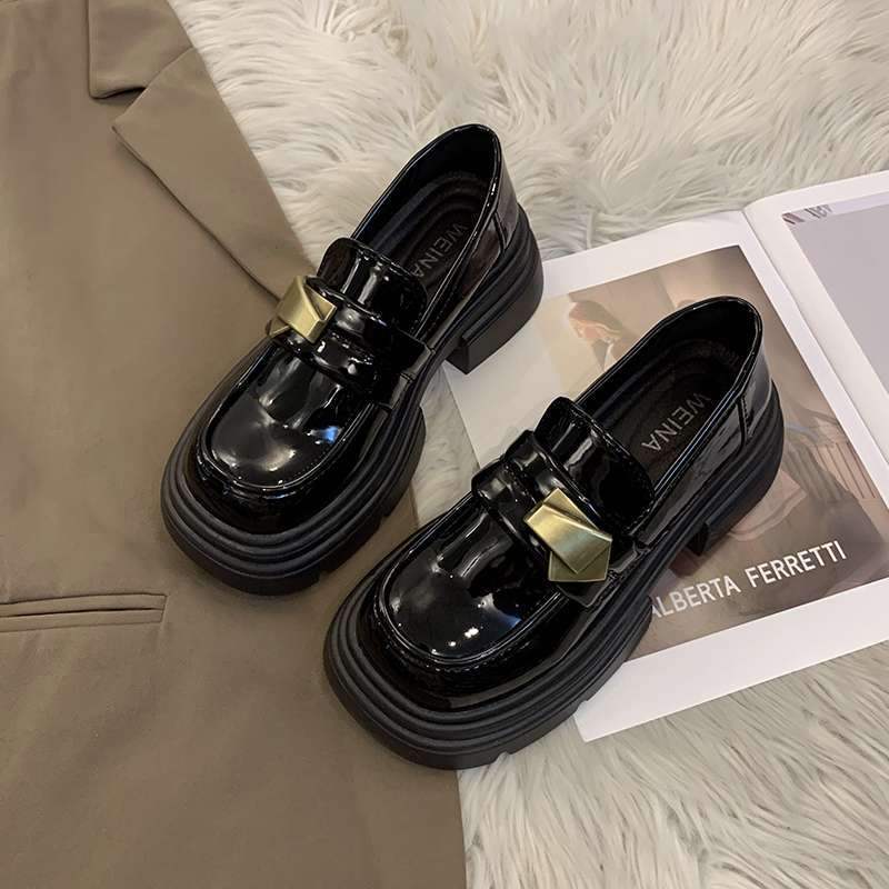 Black Thick Sole Heightening Loafers Women's Shoes2025Spring New Slip-On Shoes British Style Big Toe Small Leather Shoes