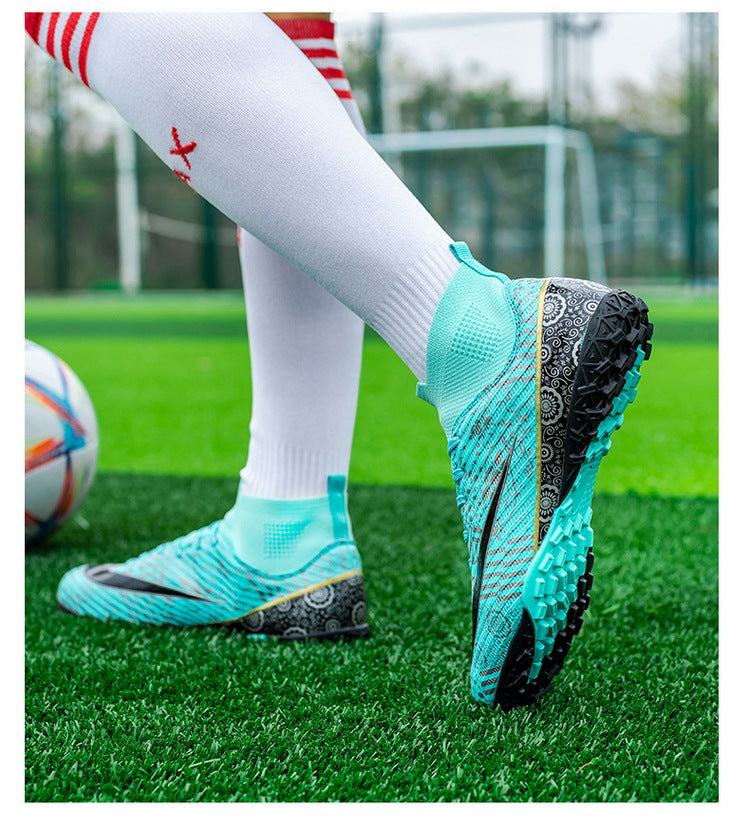 World Cup Same Style Blue and White Porcelain High-top Soccer Shoes for Men and Women, Children and Youth Competition Training Shoes