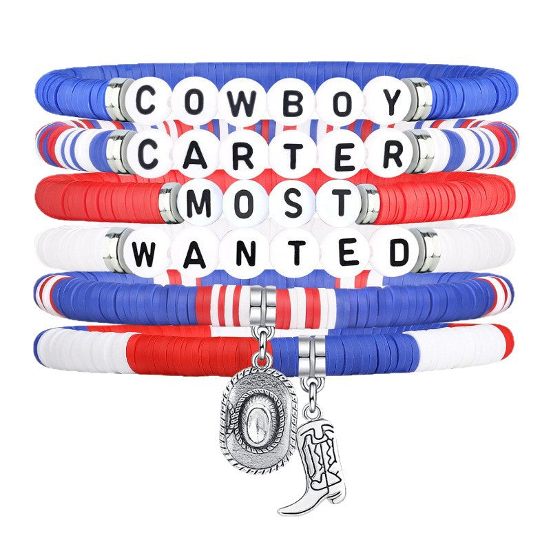 COWBOY Alphabet Soft Clay Bracelet Set Layered Style Cowboy Boots Pendant Bracelet Western Cowboy Hat Bracelet