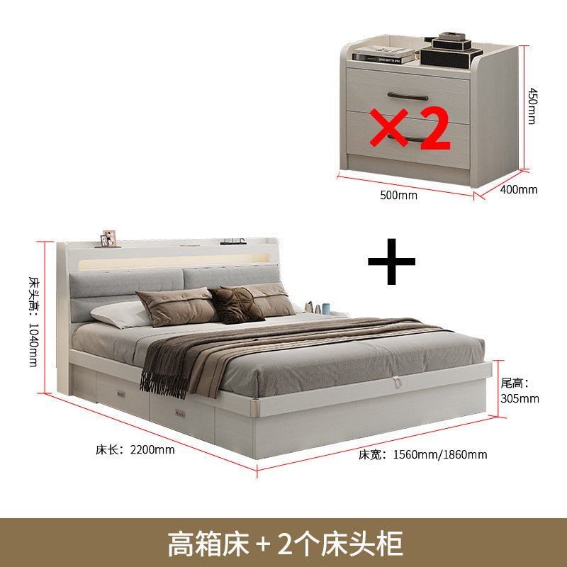 Fabric Bed1.5Small Apartment Master Bedroom Soft Pack Technology Fabric Modern Double Bed White Simple Solid Wood Storage Bed