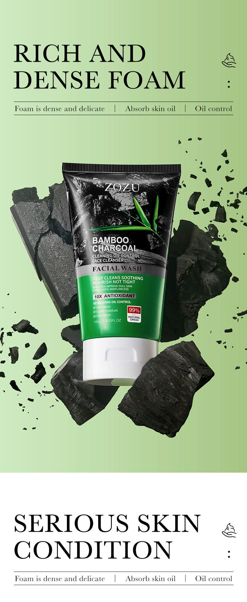 Bamboo Charcoal Facial Cleanser100gZOZU Deep cleansing refreshing non-greasy facial cleanser cross-border wholesale