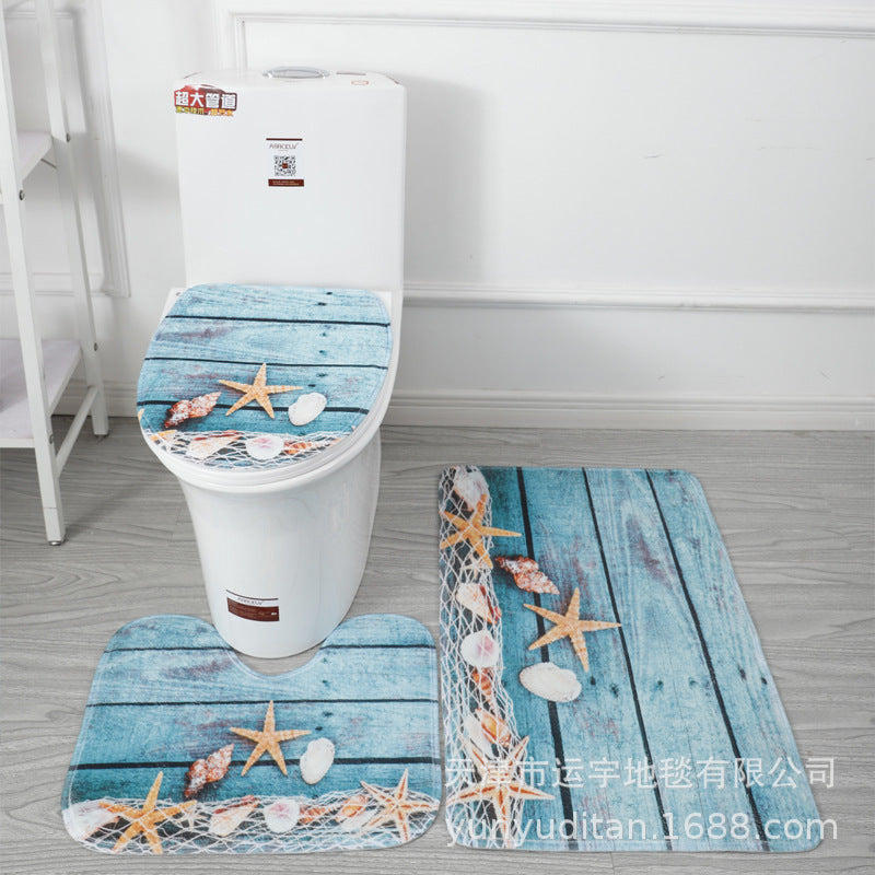 Coral Fleece Toilet Three-Piece Set Bathroom Mat Flannel Water Absorption Non-Slip Foot Mat Manufacturer Label