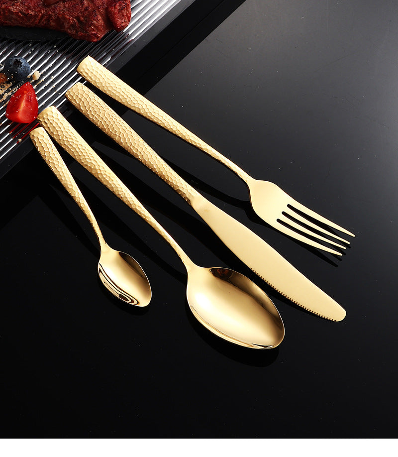 410Stainless Steel Cutlery Restaurant Western Hammered Square Handle Knife Fork Spoon Set Hotel Home Steak Knife Fork