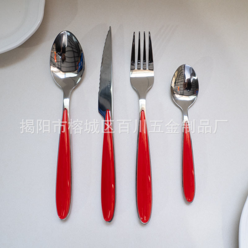 18/10Western Cutlery Set Stainless Steel Knife Fork Spoon Dopamine Color Long Handle Spoon High Aesthetic Home Use