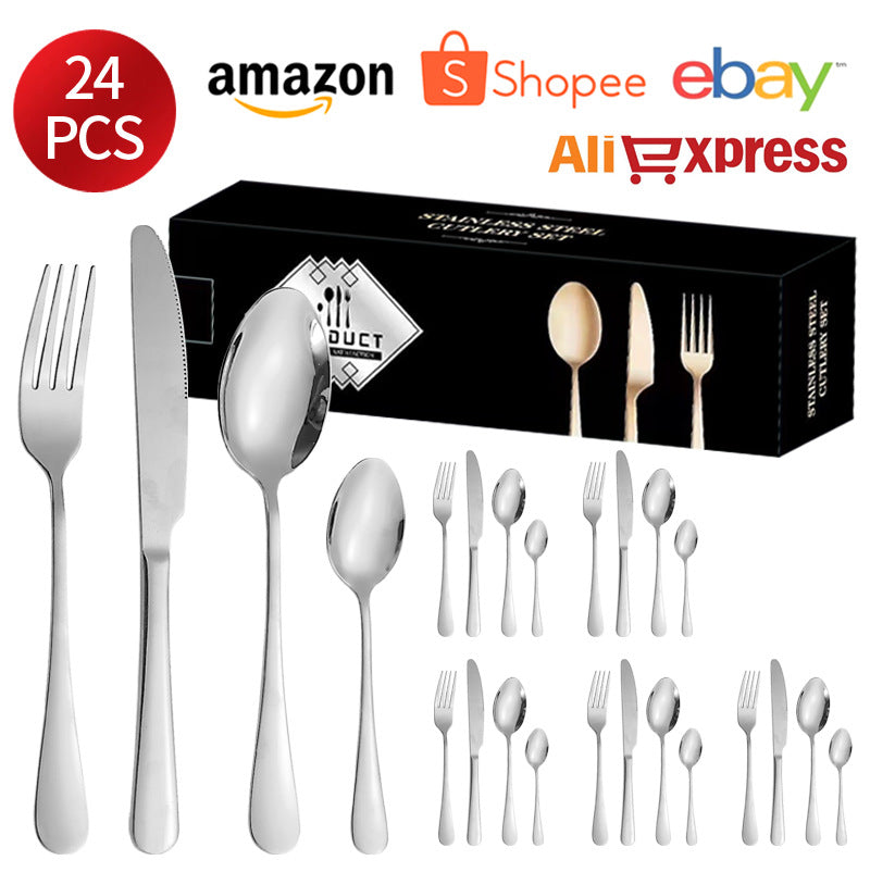 1010Stainless Steel Cutlery Set Hotel Titanium Coated Western Steak Knife Fork Spoon Tea Spoon24Set