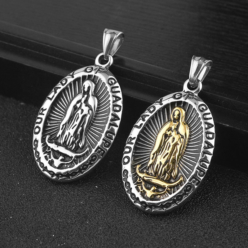 European and American Retro Titanium Steel Virgin Mary Relief Portrait Oval Guadalupe Pendant Collarbone Chain Stainless Steel Necklace