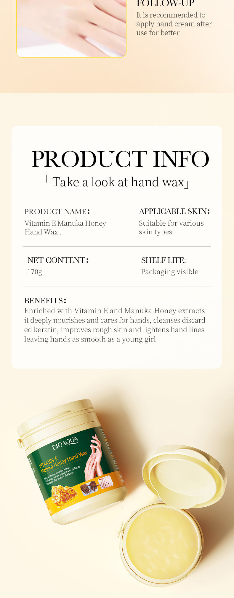 Honey Hand Wax170gBIOAOUA Vitamin E Moisturizing and Nourishing Hand Care Cross-Border Wholesale
