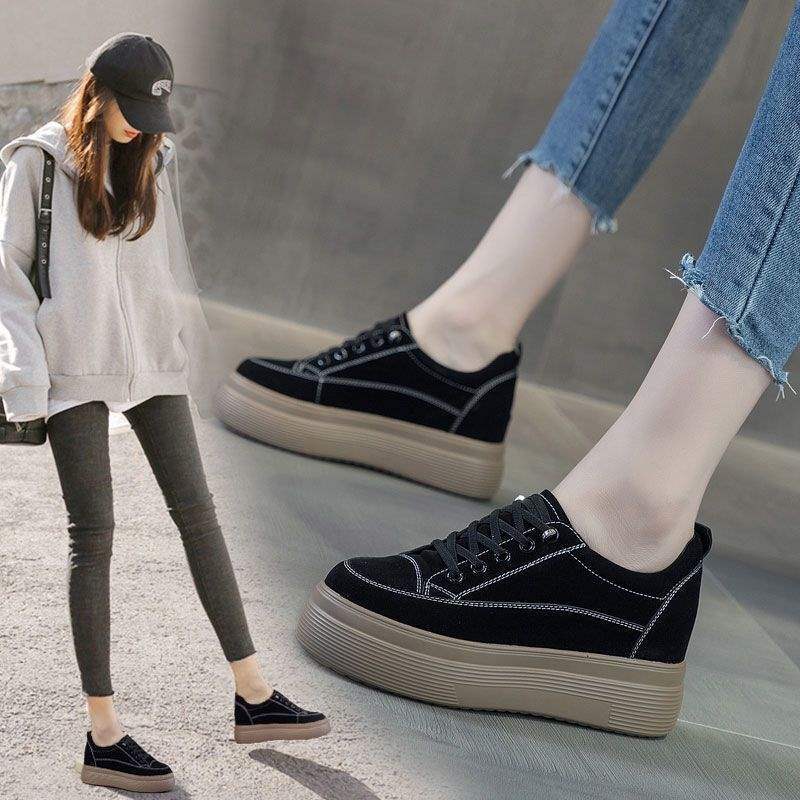 Platform Height Increasing Women's Shoes2025Spring and Autumn New Style Wedge Platform Versatile Student Casual Lazy Shoes