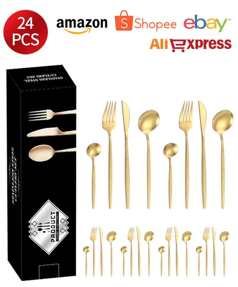 Stainless Steel Cutlery Western Knife Fork Spoon Restaurant Steak Knife Fork Hammer Pattern Portugal24Set