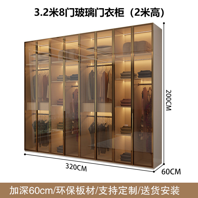 Glass Door Wardrobe with Lights, Solid Wood, Home Bedroom, Modern Simple European Pine Board, Cream Color, Skin Feel Storage, Large Wardrobe