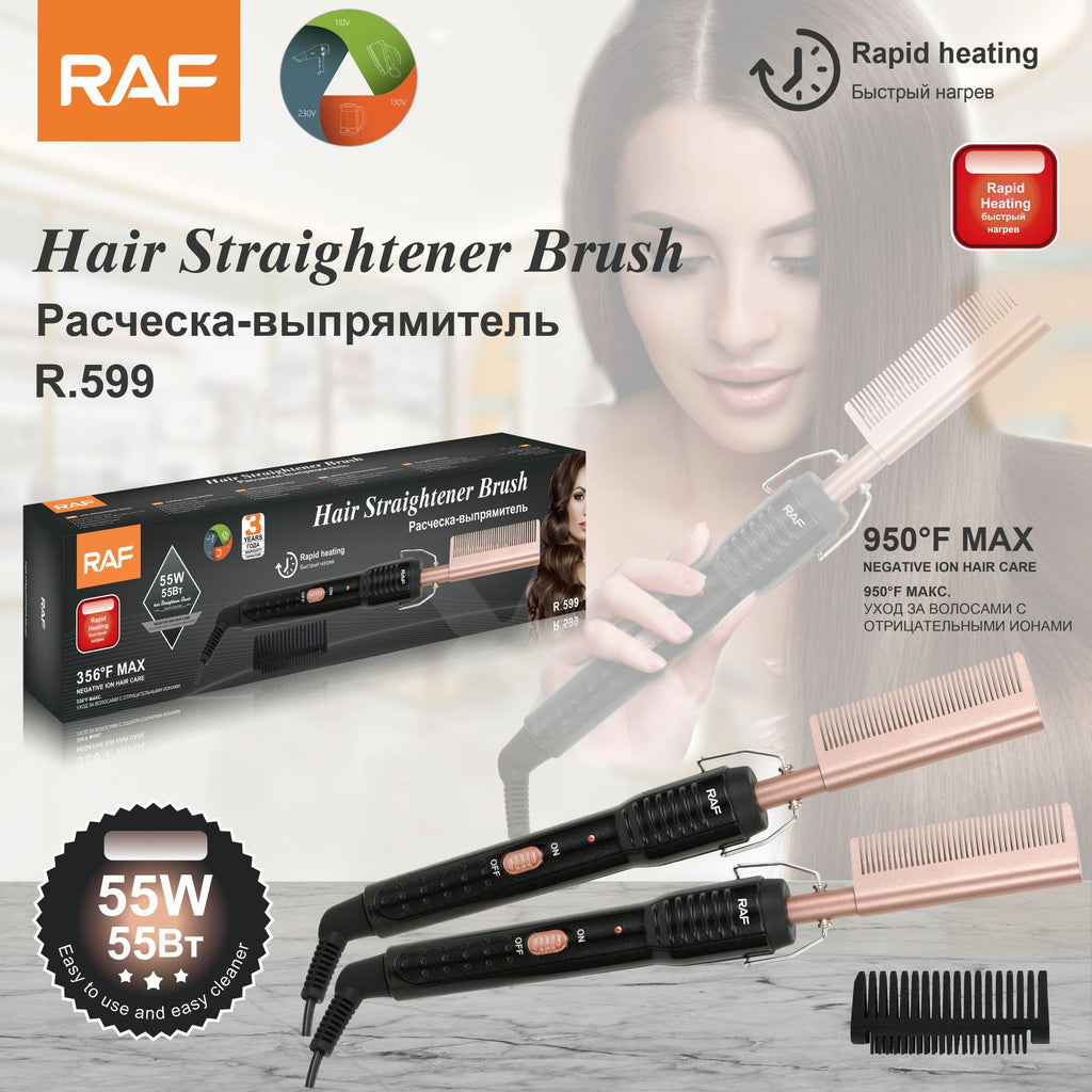 RAF EU Standard Electric Curling Brush Home Curling Iron Dry and Wet Dual-use Copper Comb Multi-functional Curling Straightening Brush
