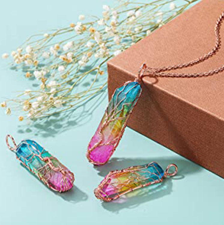 Natural White Crystal Women's Necklace with Color Plated Hexagonal Column Life Tree Pendant Bronze Wire Wrapped Crystal Pendant Necklace