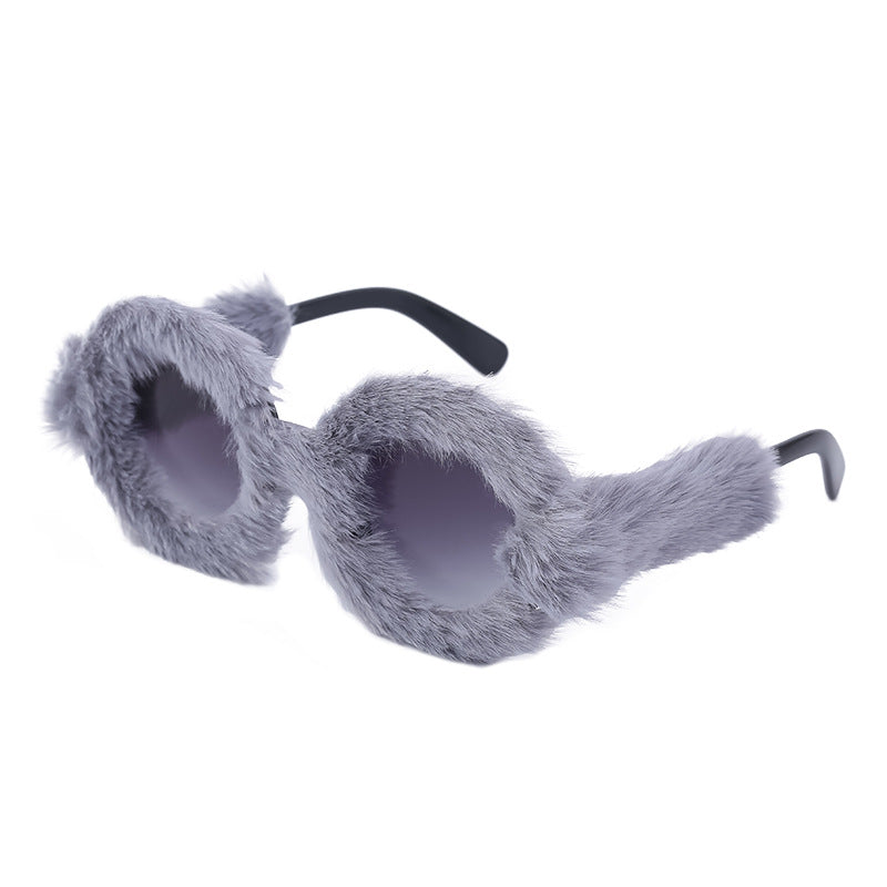 Full Coverage Plush Sunglasses Fashion Round Frame Women's Internet Celebrity Same Style Sunglasses Women's European and American Sunglasses