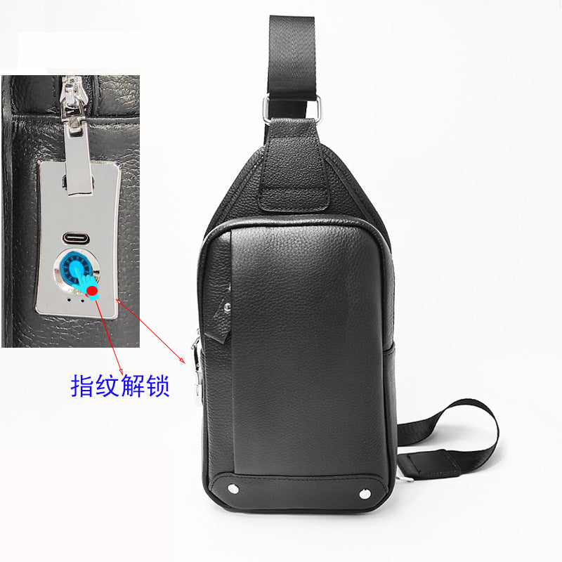 Niche Bag Fingerprint Unlock Men's Top Layer Cowhide Single Shoulder Crossbody Backpack High-End Chest Genuine Leather Chest Bag