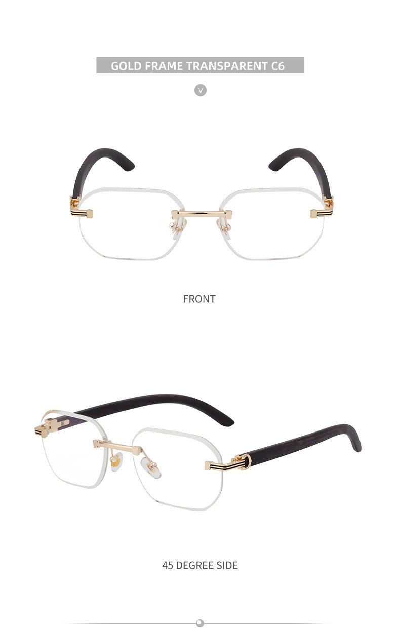 【Customization】Diamond Cut Rimless Glasses for Men, European and American Retro Style, Imitation Wood Grain Temple Sunglasses, Sun Protection Sunglasses