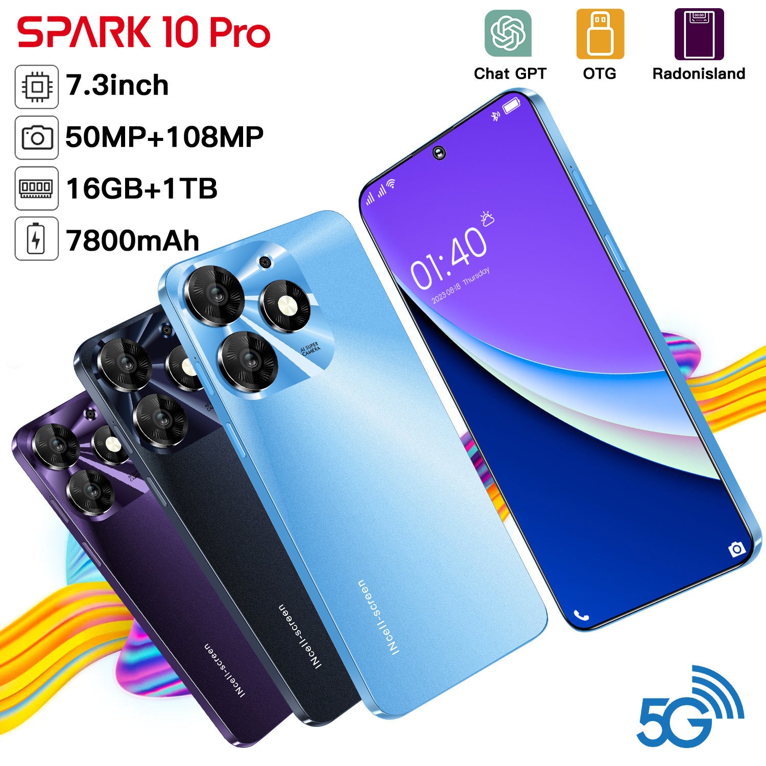 Mobile Phone Spark10 Pro 7.3Inch incell Large Screen16+1T Factory Smartphone(Popular)