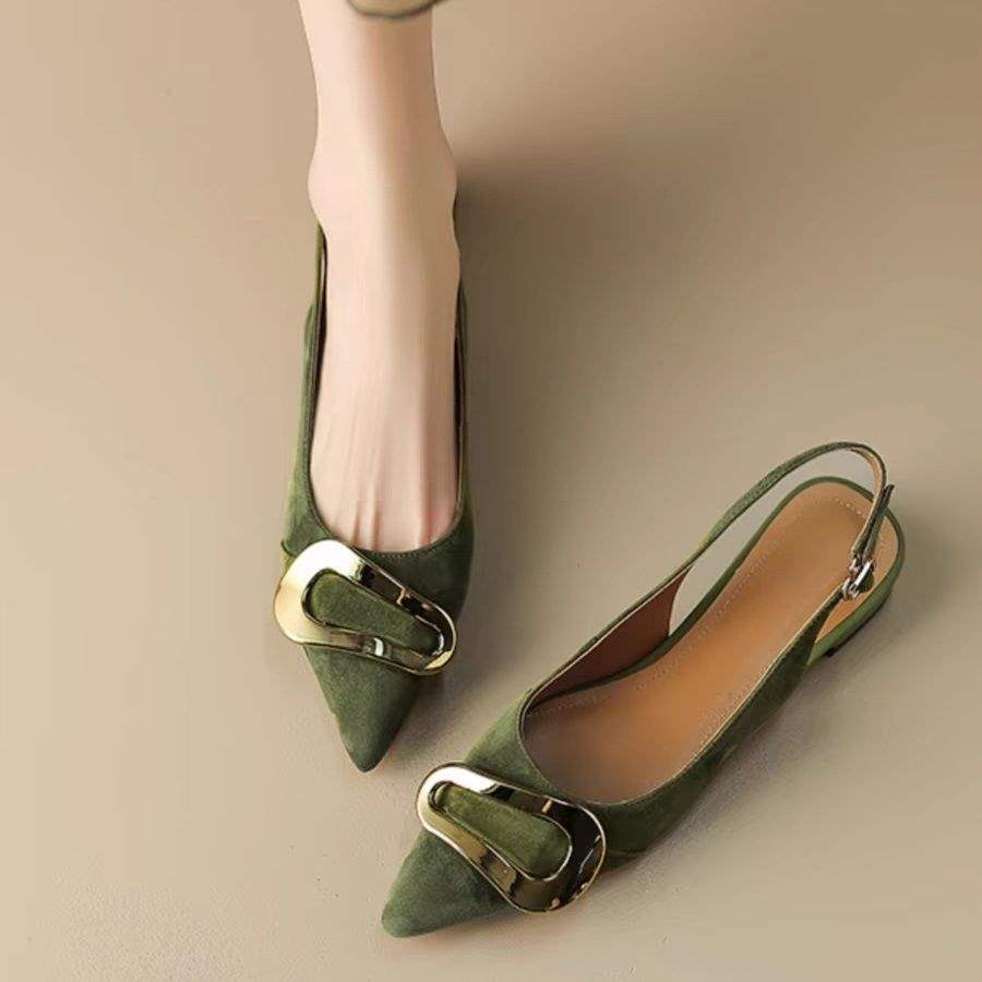 French retro metal buckle flat shoes for women2025Summer New Style Closed-Toe Sandals Pointed Elegant Shallow Mouth Flats