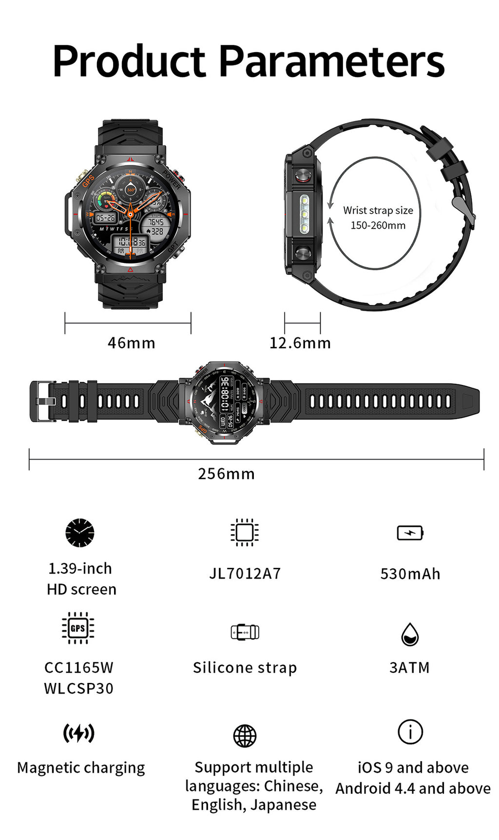 KC91Smart Watch Bluetooth Call Heart Rate Pedometer Sleep3ATM Waterproof GPS Beidou Positioning Sports Three-Proof