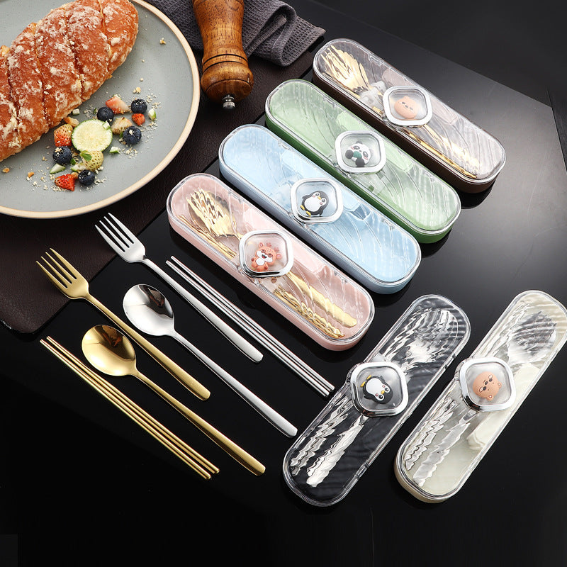304Stainless Steel Tableware Student Cartoon Portable Tableware Set Work Outdoor Fork Spoon Chopsticks Three-piece Set