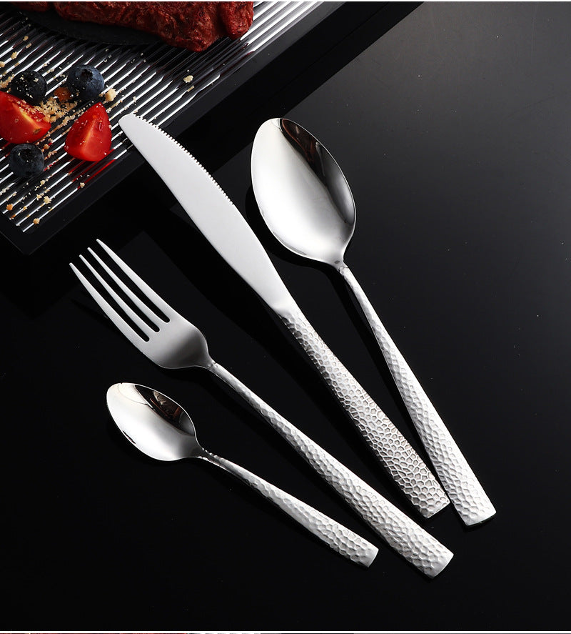 410Stainless Steel Cutlery Restaurant Western Hammered Square Handle Knife Fork Spoon Set Hotel Home Steak Knife Fork