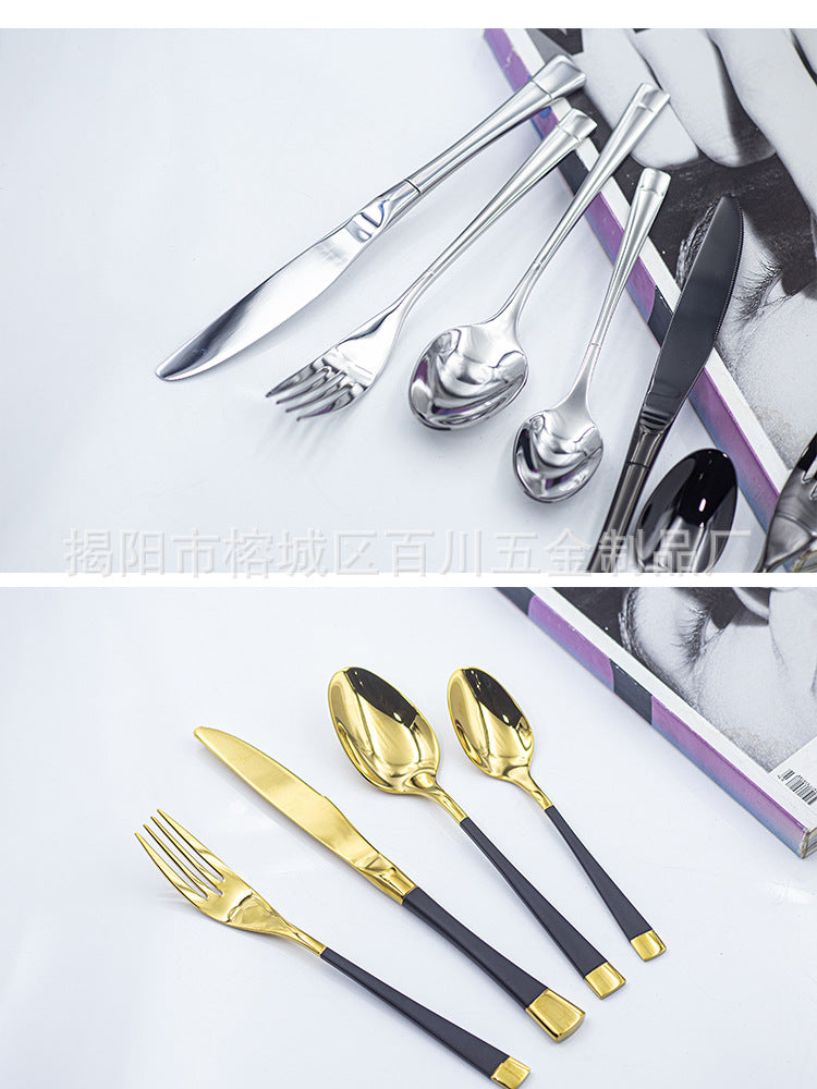 304Stainless Steel Cutlery Set Western Spoon Fork Four-Piece Set Titanium-Plated Square Handle Steak Knife Fork Spoon Gift Set
