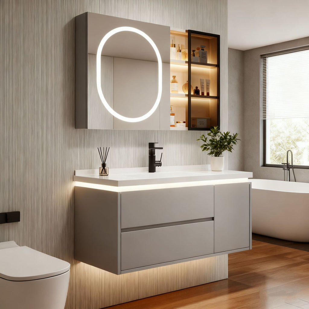 Custom Aluminum Alloy Bathroom Cabinet with Ceramic Integrated Wash Basin Combination, Cream Style