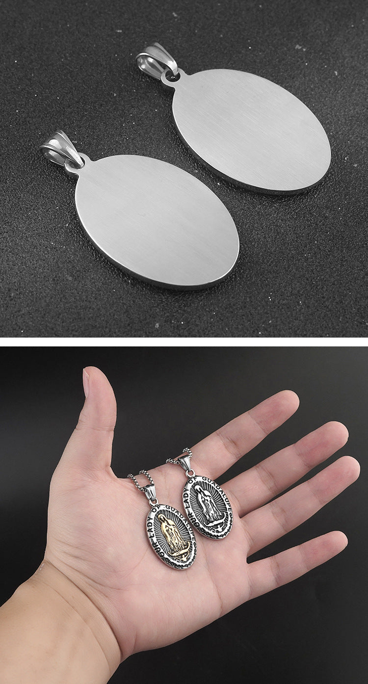 European and American Retro Titanium Steel Virgin Mary Relief Portrait Oval Guadalupe Pendant Collarbone Chain Stainless Steel Necklace