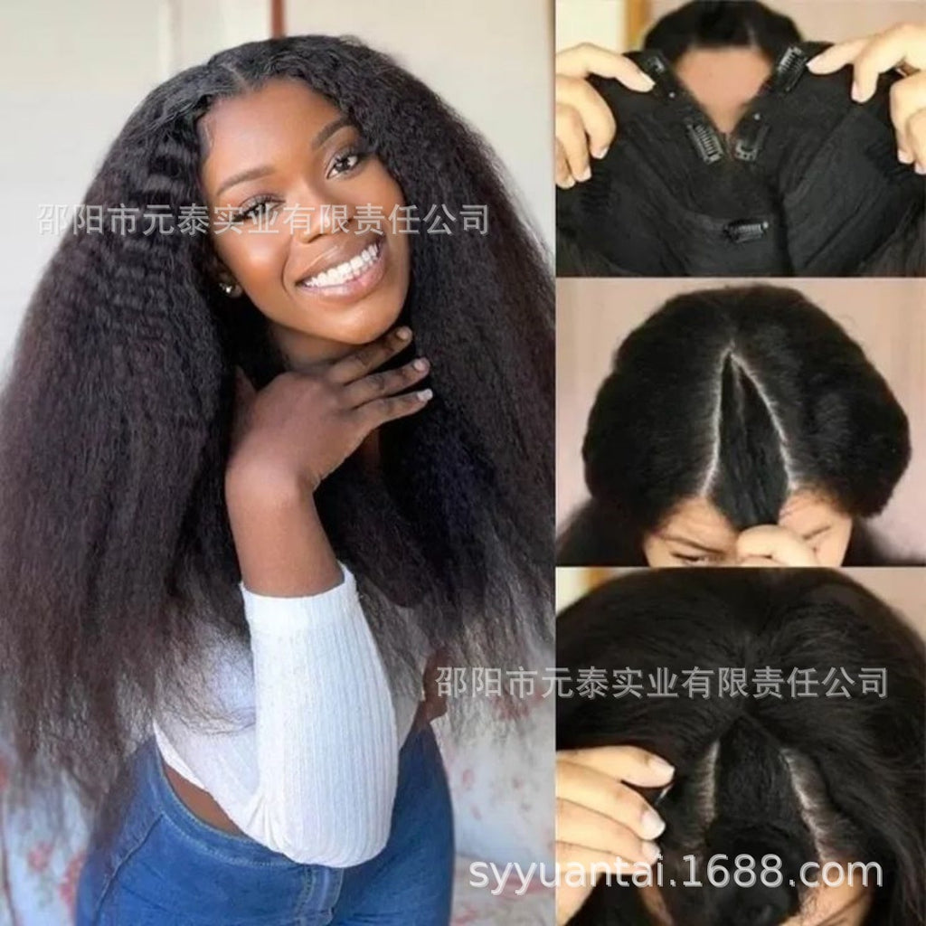 Black Fluffy U Long Straight Wig yaki Wig Hair Clip Half Wig U Part Yaki Wig