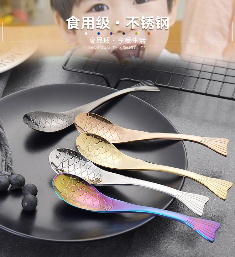 304Stainless Steel Spoon Cooking Restaurant Spoon Pickled Fish Spoon Cartoon Spoon PVD Titanium-plated Colorful Fish Tail Cute Spoon