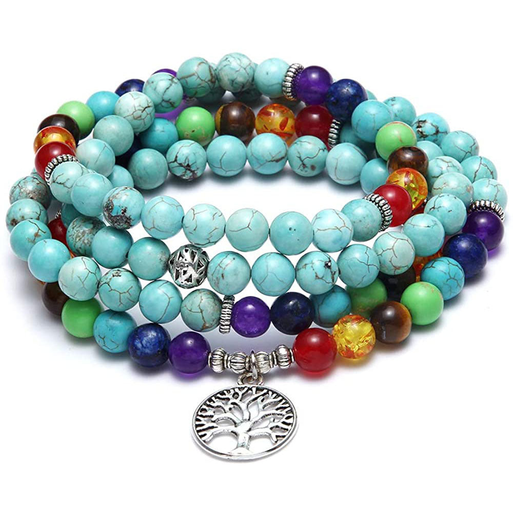 Beaded Bracelet Men's Gift108Buddha Lotus Eye Pendant Tiger Eye Stone Aquamarine Long Bracelet
