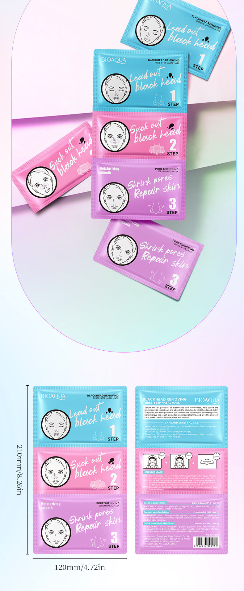 Three-Step Blackhead Removal Nose Strips BIOAOUA Clean Pores T District Nursing Set Cross-Border Wholesale